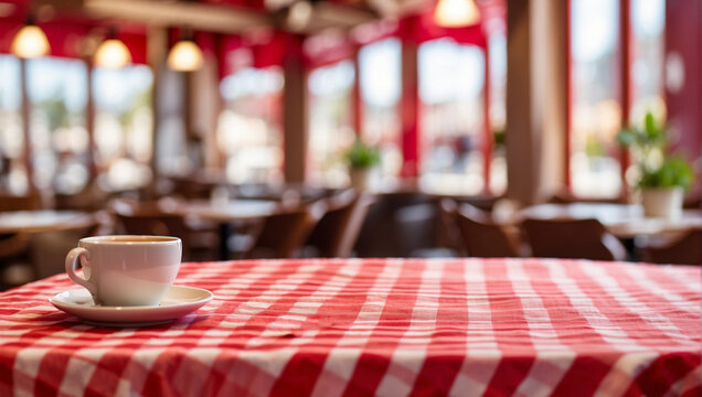 Red checkered tablecloth with blurred café background, product display montage