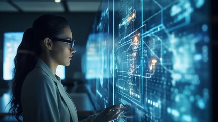 Businesswoman uses AI through digital screens in the office to help her analyze data or generate virtual images and use big data and operate machines or information in cyber systems - obrazy, fototapety, plakaty