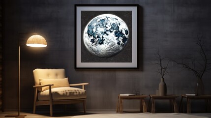  a living room with a chair and a picture of the moon on the wall and a lamp on the floor.