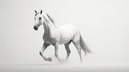Obraz na płótnie Canvas a white horse is galloping on a foggy day in a black and white photo with a white background.