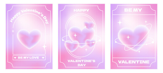 Set of Happy Valentine's Day posters in trendy y2k style. Modern typography and trendy gradient covers with blurred hearts and frames.Design for  greeting card, banner, cover or flyer.Vector 