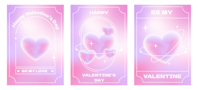 Set of Happy Valentine's Day posters in trendy y2k style. Modern typography and trendy gradient covers with blurred hearts and frames.Design for  greeting card, banner, cover or flyer.Vector 