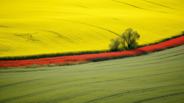 Paysage agraire avec des parcelles bien d&eacute;limit&eacute;es : champs de colza jaune et prairie s&eacute;par&eacute;e par un champs de coquelicots