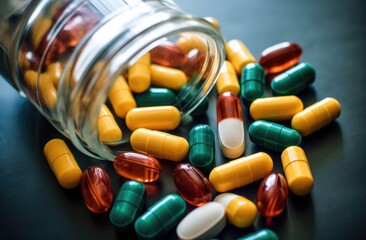 colorful pills spill out from a medicine container