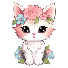 adorable cat with flower illustration transparent background for stickers