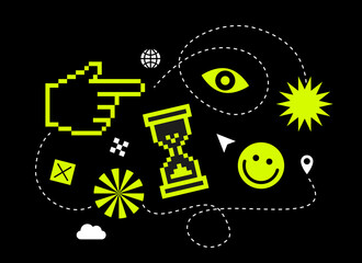  Pixels Y2k trendy playful stickers. 8bit icons abstract. UI. Yellow neon. Fluorized Retro elements, 90's aesthetics. illustration. index, emoji, hourglass, Hand click cursor and pointer icon.
