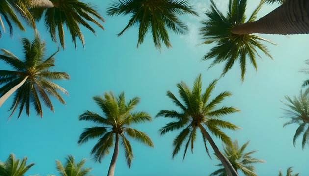 Tall royal palm trees looking up from below against bright blue tropical sky, summer background, vintage style, travel concept
