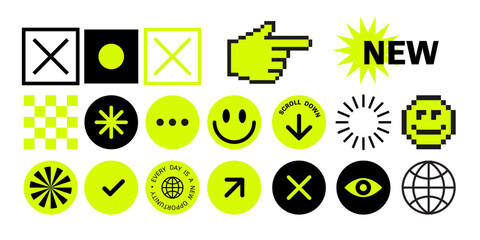  Pixels Y2k trendy playful stickers. 8bit icons abstract. UI. Yellow neon. Retro elements in the mood of 90's aesthetics. illustration. emoji, Hand click cursor and pointer icon.