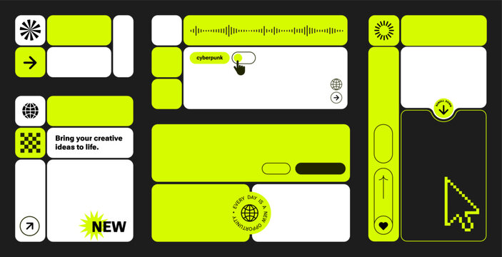 Pixels Y2k trendy playful template for web, grids, UI,  Fluorized digital screen. web icons, buttons. Trendy Geometric UI. Yellow neon elements. Gradient mood of 90's aesthetics. hourglass pixels