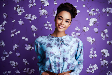 Jeune femme brune souriante avec un chemisier fleuri sur fond violet fleuri
