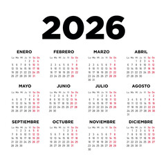 Calendario 2026 español. Semana comienza el lunes	
