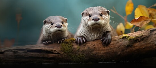 Asian small-clawed otters, often found in grass, utilize forepaws to search and catch mollusks, fish, insects, reptiles, crustaceans, and amphibians. - obrazy, fototapety, plakaty