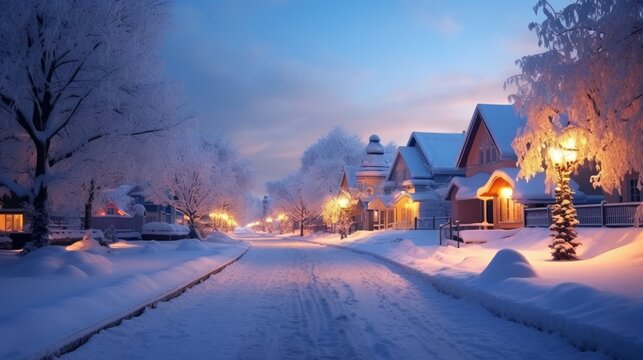 Beautiful snow scape. The village is covered in heavy snow, The bungalows and trees are covered by thick snow. Snowflakes dance in the reflected yellow light of street lamps. heavy snowfall continues 