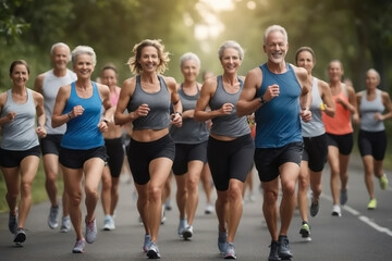 Group of retired men and women, practicing running together in a park. - obrazy, fototapety, plakaty