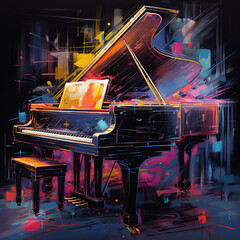 Cyberpunk Aesthetics: Neon Circuitry Piano Painting in Vivid Colors