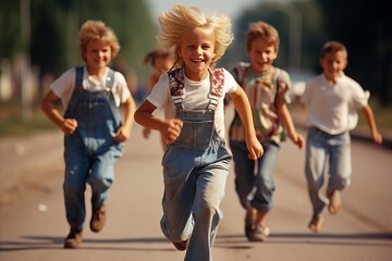 Happy children engaging in outdoor play with classic 90s toys like jump ropes and sidewalk chalk - obrazy, fototapety, plakaty