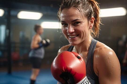 Smiling female fighter, practices boxing with fighting gloves in the gym.