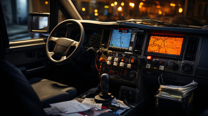A Cargo Truck Interior With Navigation System Display