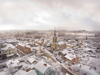 Lutheran Church. Winter view of the old historical part of the city of Lutsk.
