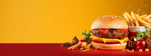 Christmas Day menu of burgers and fries on isolated background, festive Christmas and New Year theme, for posters and banners, banner mockup