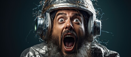 Frightened man with tin foil helmet screams in fear, fearing non-existent 5G radiation.