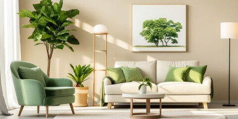 Bright living room interior features a table, green armchair, beige sofa, and plant on carpet.
