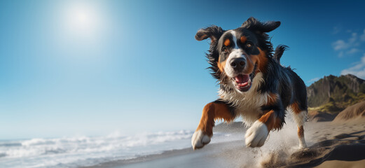 Un chien de race bouvier bernois courant sur une plage - obrazy, fototapety, plakaty