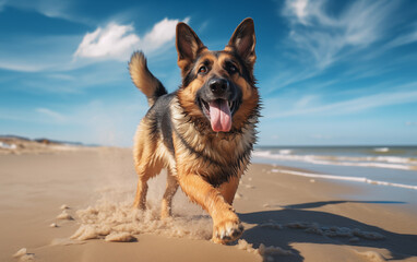Un chien de race berger allemand courant sur une plage
