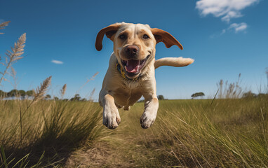 Un chien de race labrador retriever courant dans un champ