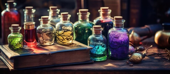 Colored poisons and potions ready for witching ritual, next to an old book, in vials, bottles, and...
