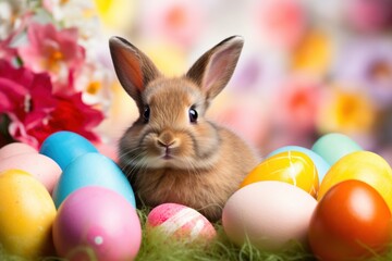 Fototapeta na wymiar Vibrant background with adorable bunny, colorful eggs, and whimsical spring cheer