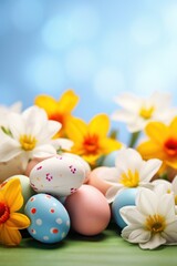 Fototapeta na wymiar Vibrant background, colorful eggs, festive decorations, and a canvas for joyful messages