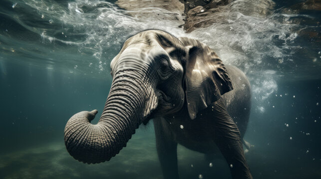 Elephant jump into a water. Underwater photography. Animal dive into the Depths. Beauty of wild nature. Hunting.