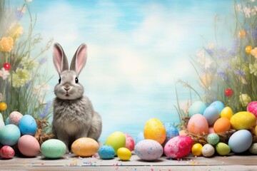 Fototapeta na wymiar A lively background with a cute bunny, vibrant eggs, and playful festivities