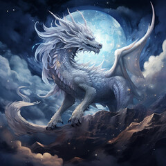 a huge silvery dragon in the starry sky