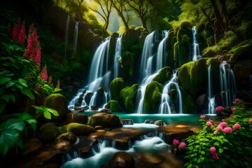 Naklejka premium A cascading waterfall surrounded by lush greenery and vibrant blossoms, the mountains providing a majestic backdrop to this idyllic and refreshing natural scene.
