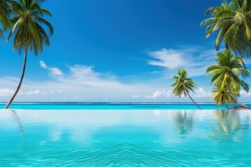 Fototapeta na wymiar A vivid vacation backdrop, turquoise waters, palm trees, and expansive copy space