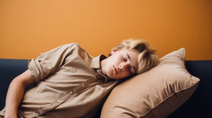 Fototapeta premium copy space, Young man taking a nap on a pillow on background. National Napping Day. Young man resting while tired. Peaceful scene.