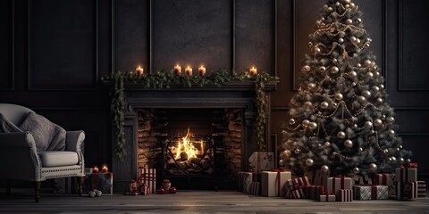 Stylish Christmas trees in the living room by the fireplace.