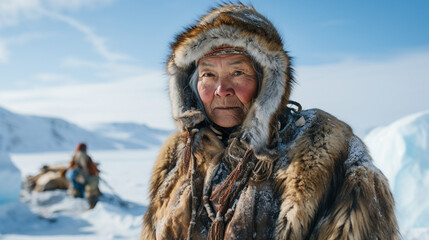 A proud Inuit woman with weathered lines on her face, telling stories of a life lived amidst icy landscapes.
