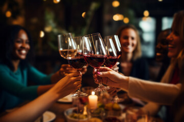 female friends toasting wine glasses during a gathering at the dinner table - obrazy, fototapety, plakaty