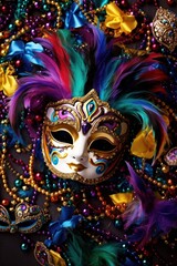 Fototapeta premium Vivid Mardi Gras background featuring masks, streamers, and lively colors,