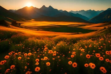 A lush meadow at the foothills of towering mountains, adorned with a blanket of colorful flowers, the landscape bathed in the warm glow of the setting sun.