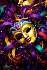Vivid Mardi Gras background featuring masks, streamers, and lively colors,