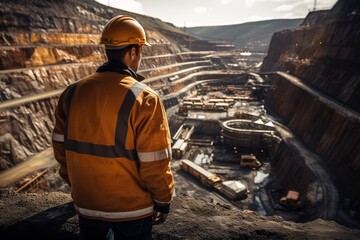 A copper mine employee surveys an open-pit mine.