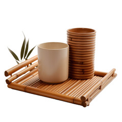 Bamboo cup on a bamboo tray isolated on white or transparent background