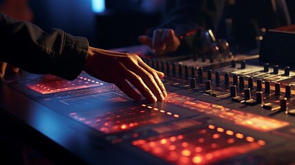 A sound engineer in action adjusts the sound on the mixer