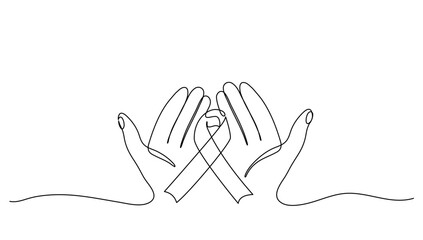 Continuous line art or One Line drawing of hand palm and ribbon for vector illustration, medical.  World cancer day concept