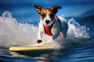 Athletic Jack russell dog surfing. Travel holiday. Generate Ai - obrazy, fototapety, plakaty