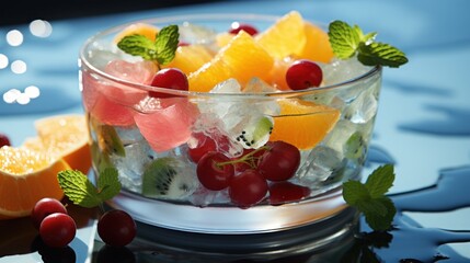  a bowl filled with fruit and ice next to a slice of orange and a cherry on top of a table.
